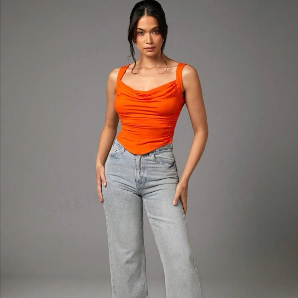 Summer Gathered Camisole Top Orange Draped Tight Sexy Big Backless Women's Tank - Picture 5 of 5